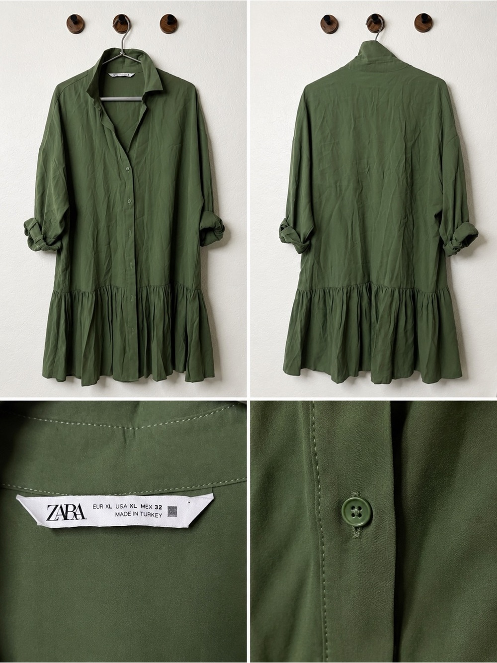 Zara Olive Green Button-Front Ruffle Hem Shirt Dress - Picture 3 of 3